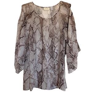 Chicos Women's Size 1 (M/8) Tan Cream Snakeskin Sheer Slit Sleeve Blouse Top